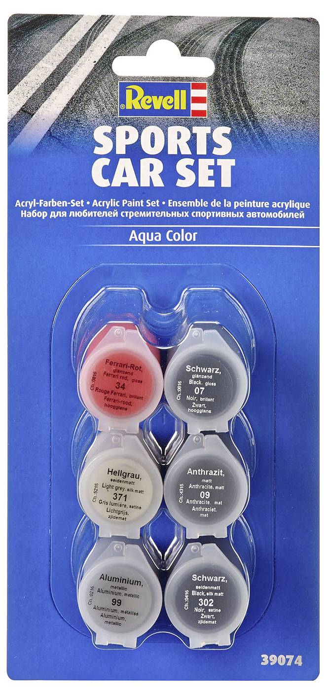 Verpackung eines Revell 'Sports Car Set' mit sechs Acrylfarben in verschiedenen Grautönen und Rot, darunter Aqua Color.