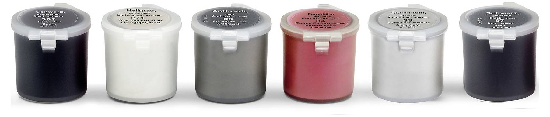 Sechs Farbtöpfe in verschiedenen Farben von Schwarz bis Rot. Jeder Topf ist mit einem Kunststoffdeckel verschlossen.