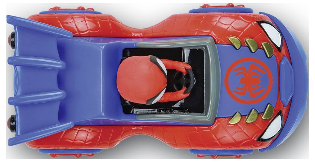 Spielzeugauto im Design eines Superhelden mit roter und blauer Farbgebung, Spinnensymbol auf der Haube, Top-Down-Ansicht.