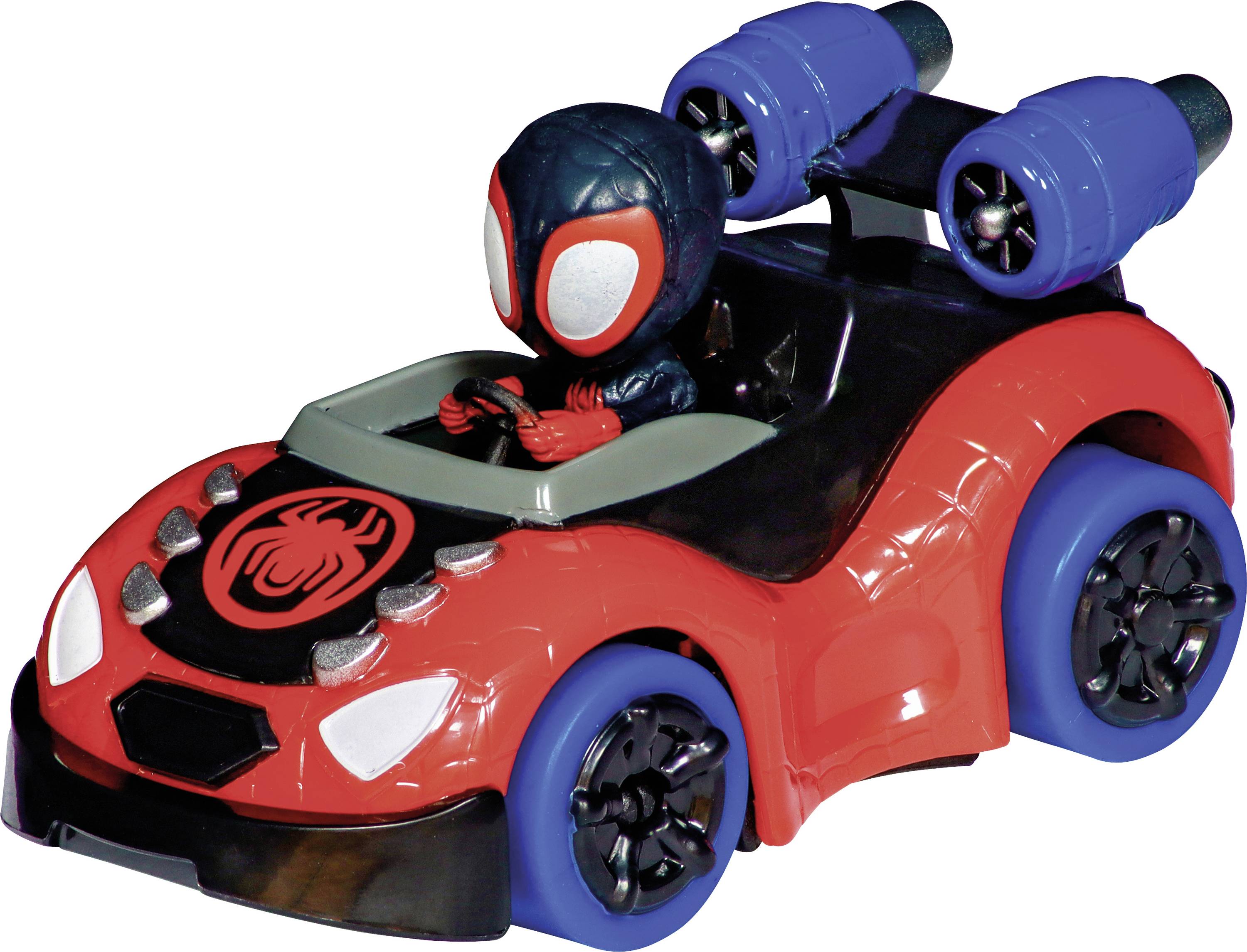 Spielzeugauto im Spider-Design mit kleinem Fahrer in schwarzem Superheldenanzug. Rot-schwarzes Fahrzeug mit blauem Radwerk, dynamisches Design.
