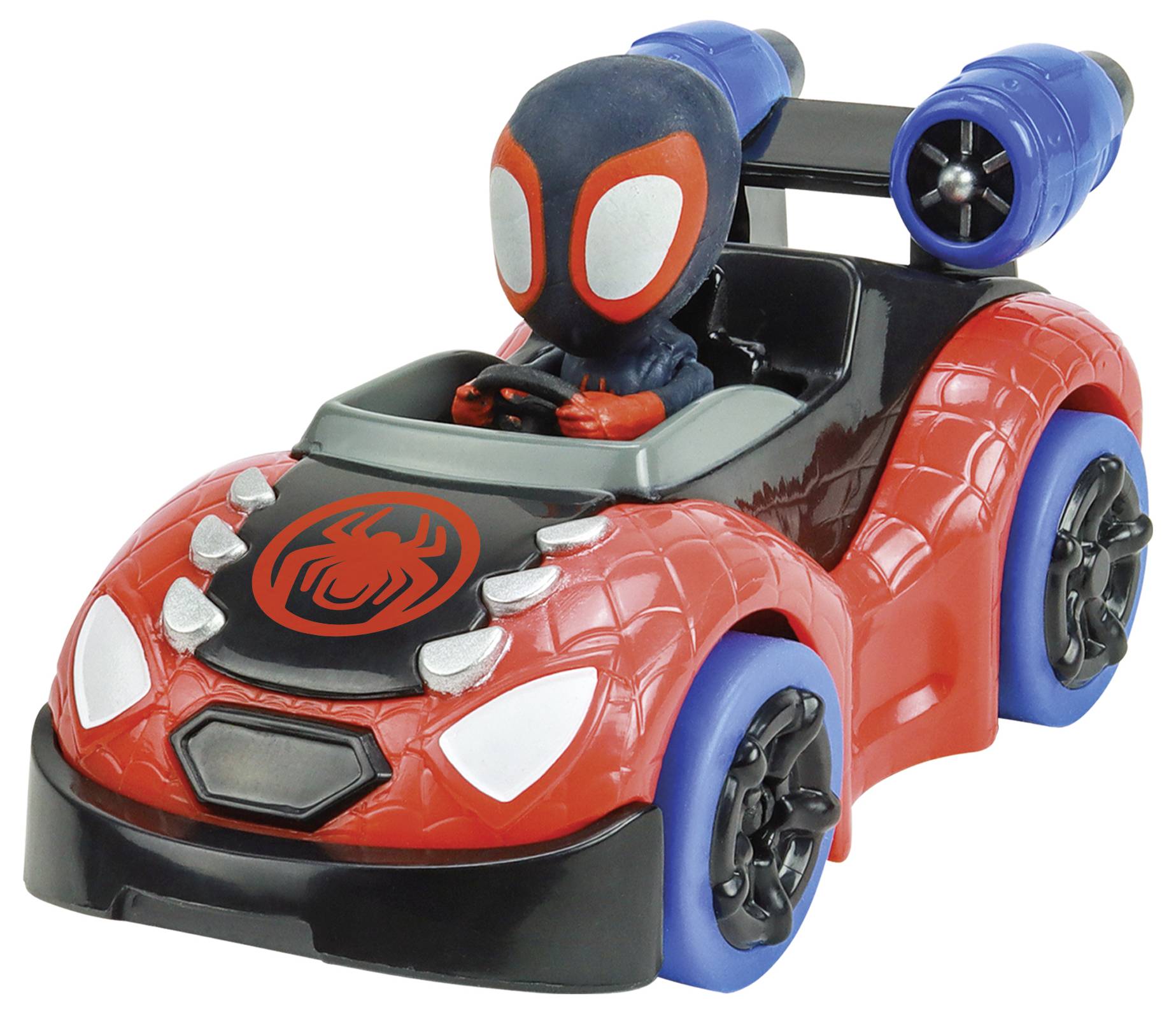 Spielzeugauto mit einem Cartoon-Superhelden am Steuer, in Rot und Blau. Das Auto hat ein Spinnenmotiv auf der Motorhaube.