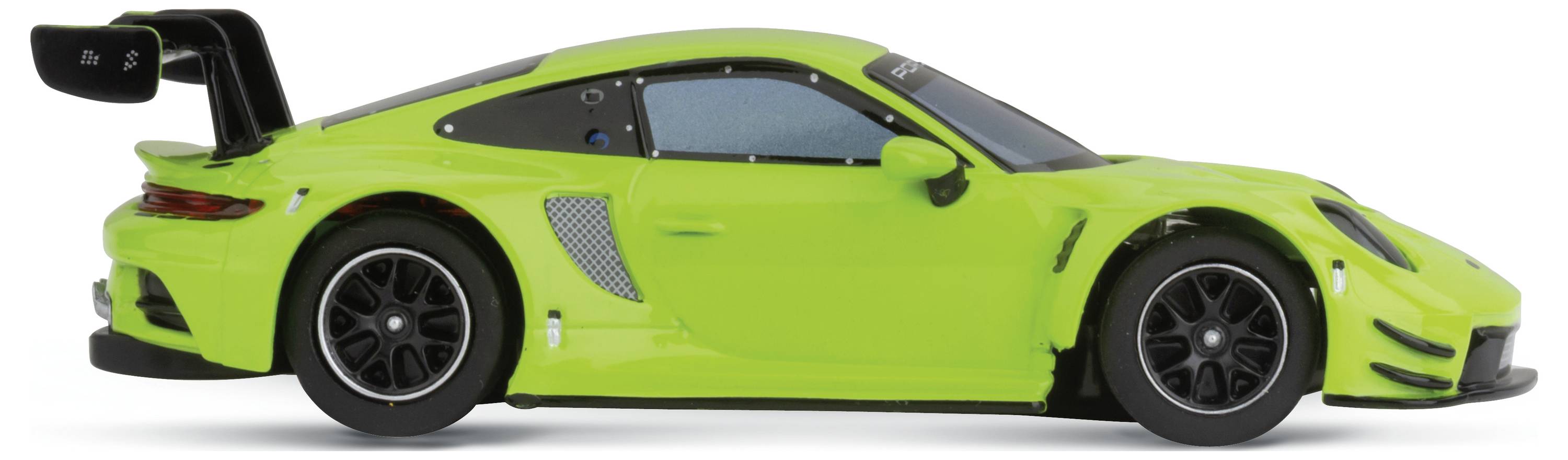 Grüner Sportwagen in Seitenansicht mit großem Heckspoiler, schwarzen Felgen und Details in Schwarz und Silber.