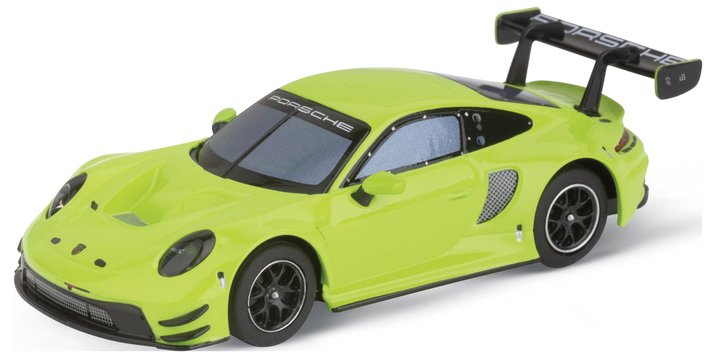 Ein grünes Spielzeugauto im Rennwagenstil steht auf hellem Hintergrund. Es hat schwarze Felgen und auffälligen Heckspoiler.