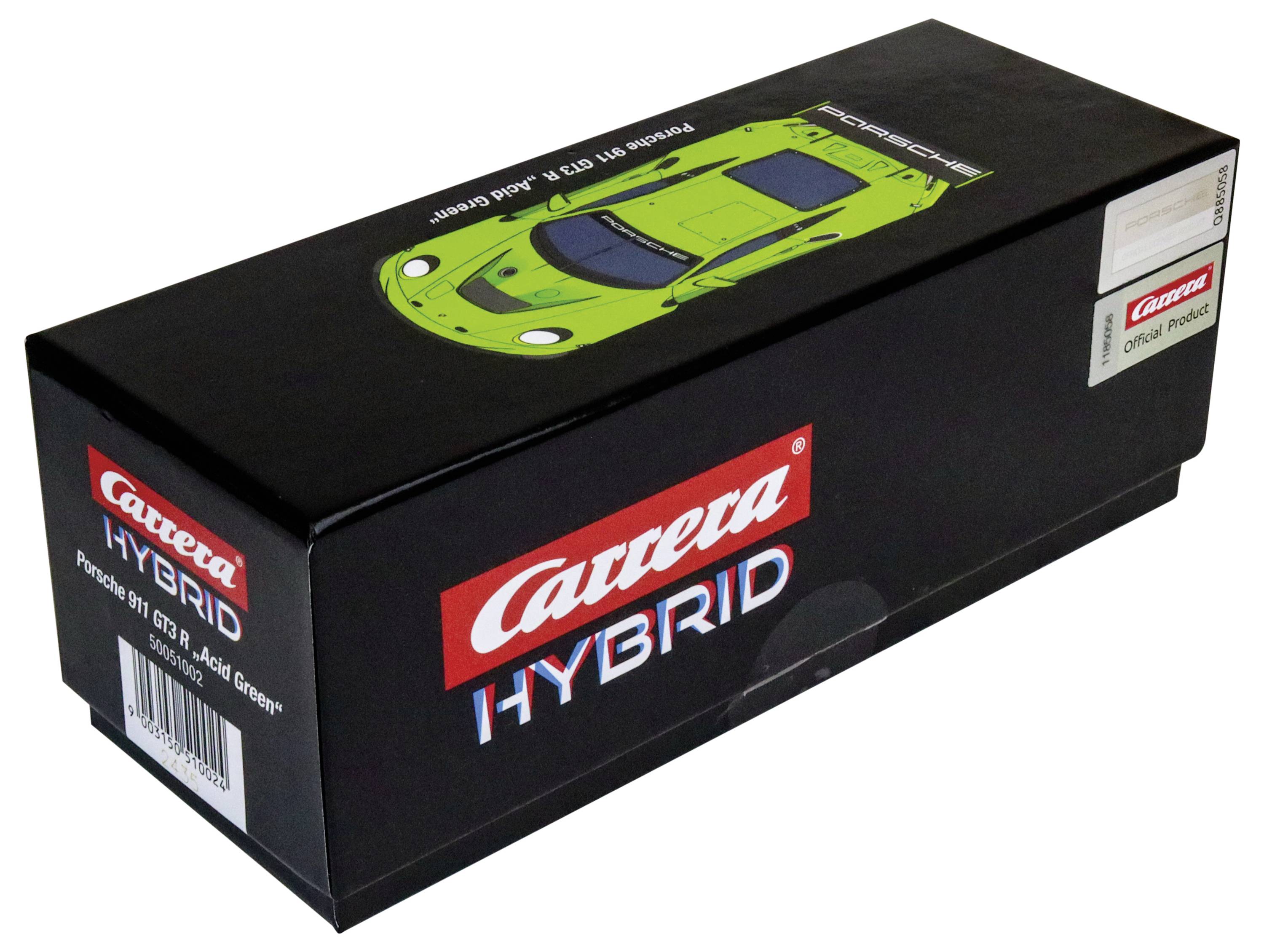 Schwarze Box mit der Aufschrift 'Carrera HYBRID'. Zeigt ein grünes Modellauto und enthält Produkdetails auf der Seite.