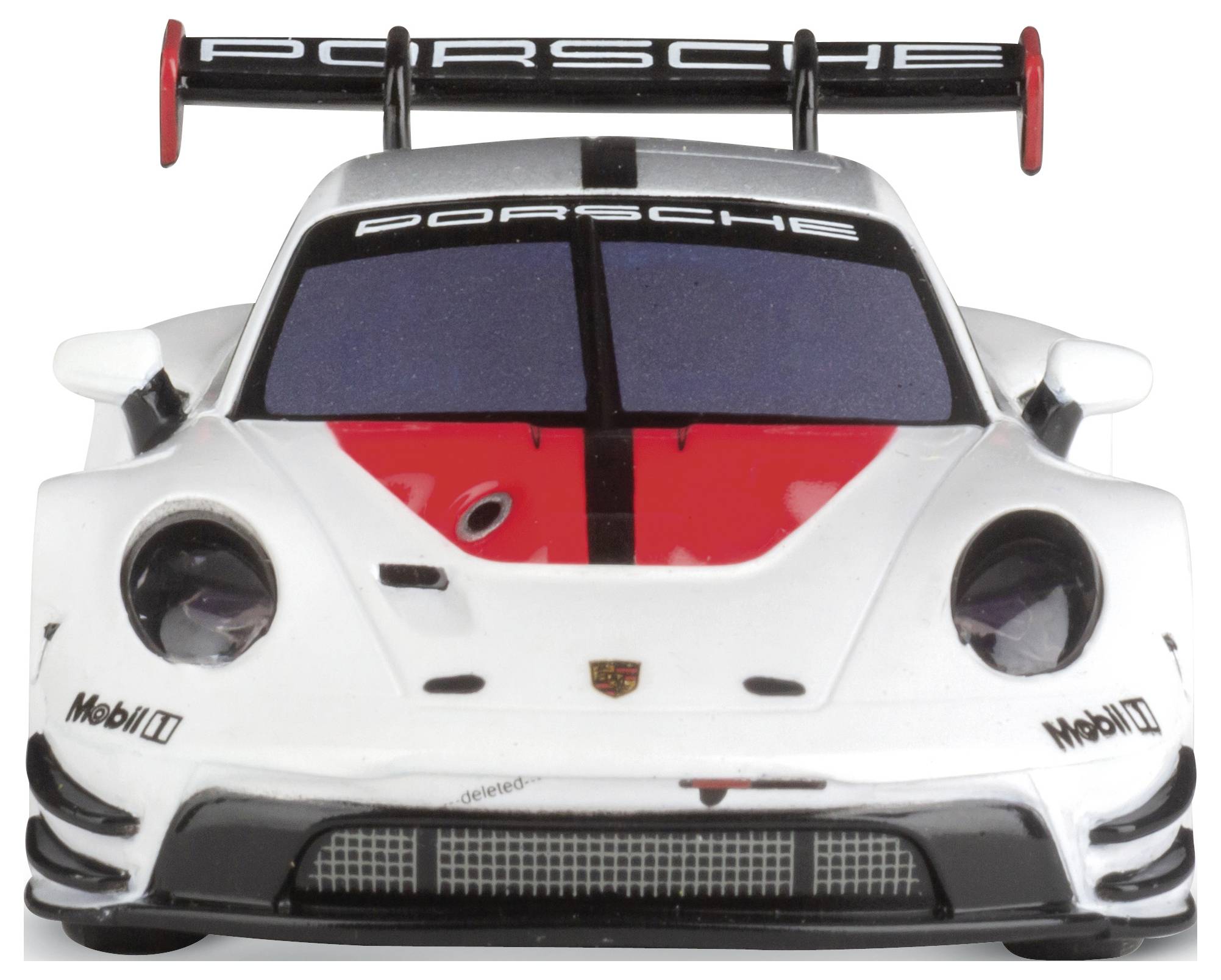 Ein weiß-roter Rennwagen von vorne mit 'Porsche' auf Heckspoiler und Windschutzscheibe.
