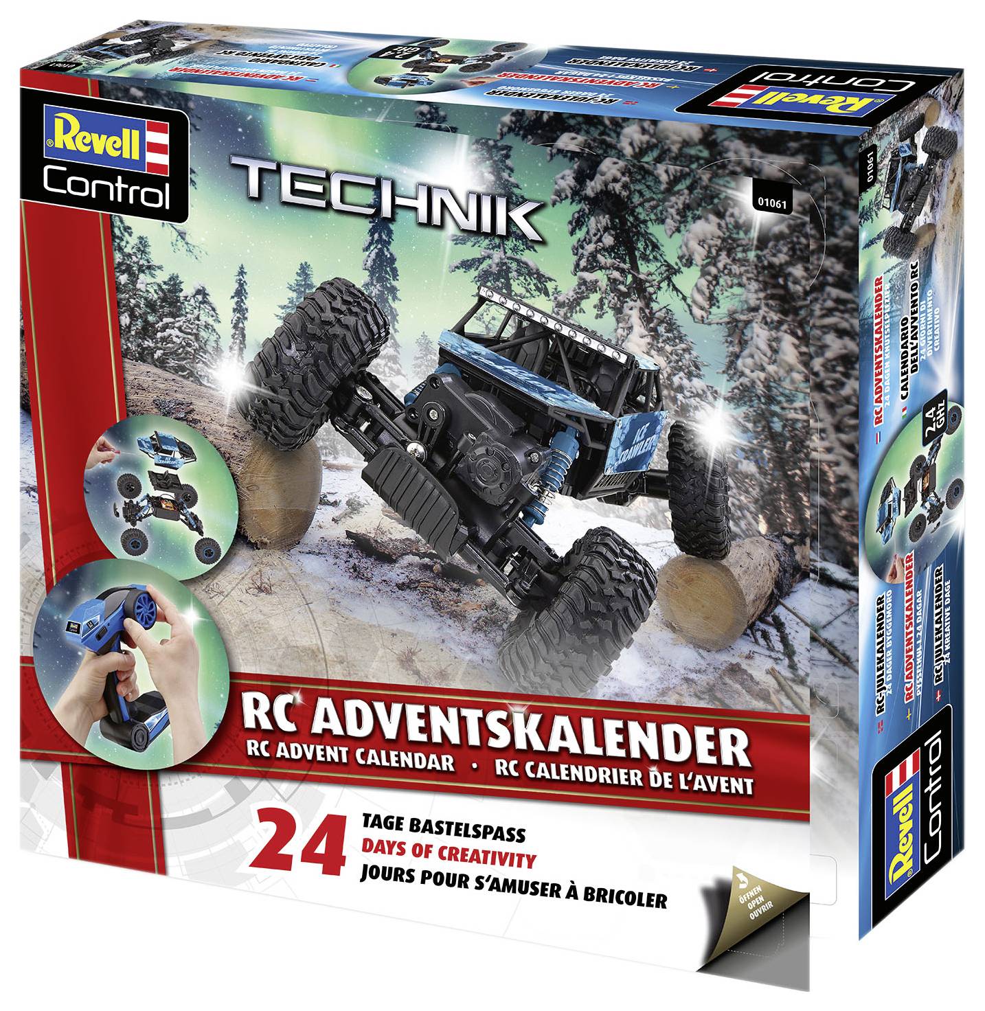'Revell Technik RC Adventskalender' zeigt ein ferngesteuertes Auto, offenes Gelände, 24 Tage Bastelspaß, für kreative Freizeitgestaltung.