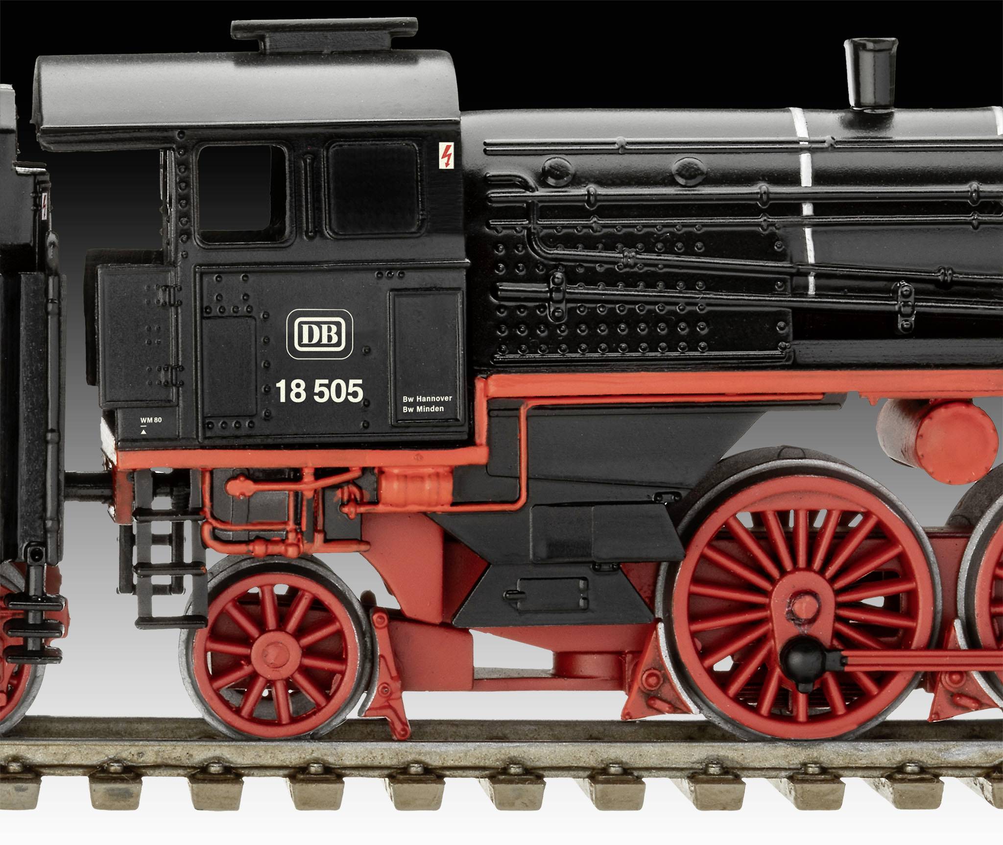 Dampflokomotive auf einem Gleis, schwarze Lok mit roten Rädern und Details, Beschriftung 'DB 18 505'.