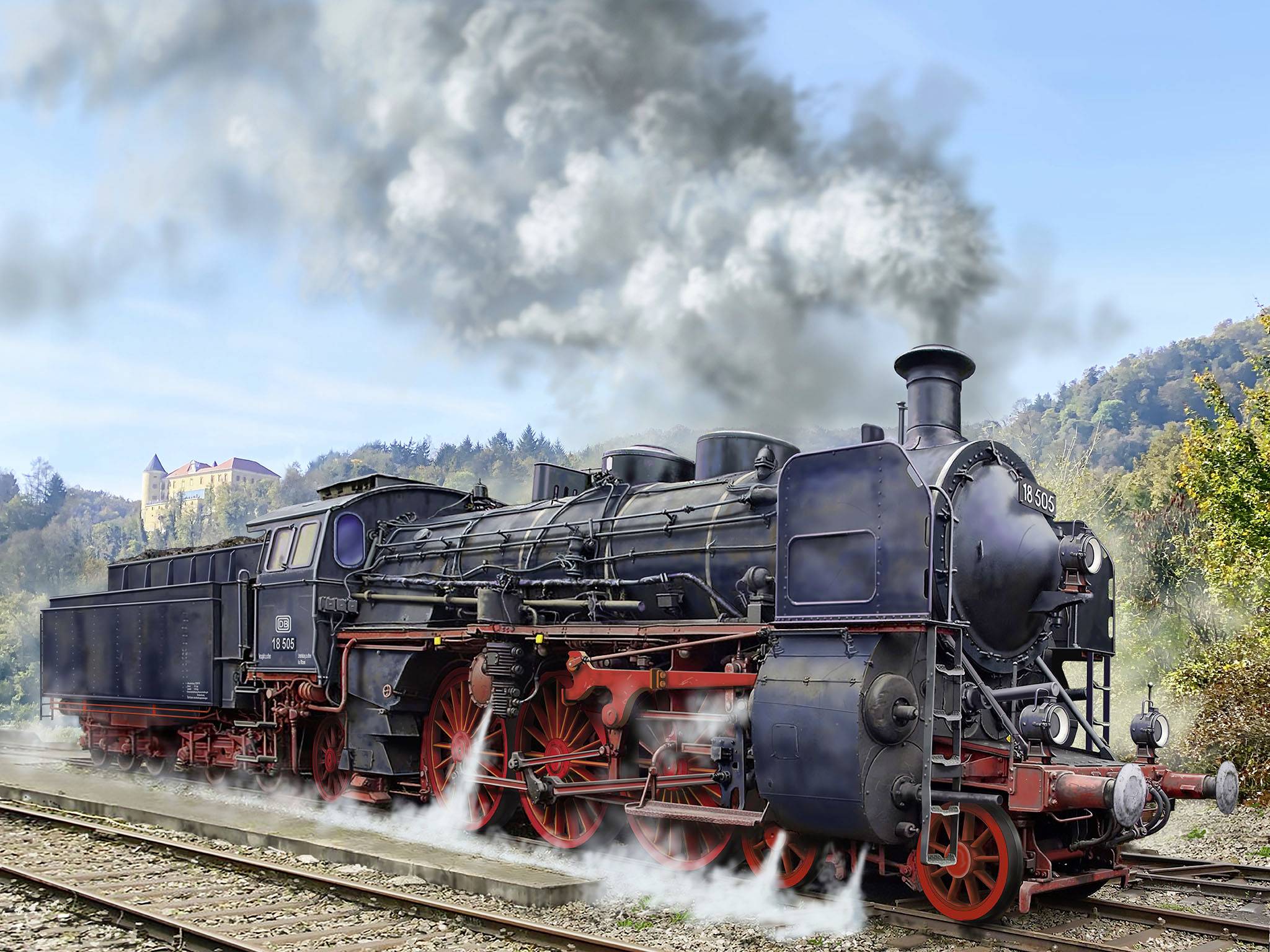 Historische Dampflokomotive auf einem Bahngleis mit rauchendem Schornstein, umgeben von Bäumen und einem Schloss im Hintergrund.