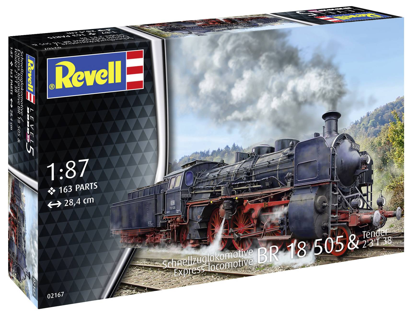 Verpackung eines Modellbausatzes der Revell Schnellzuglokomotive BR 18 505 & Tender. Maßstab 1:87, 163 Teile, Länge 28,4 cm.