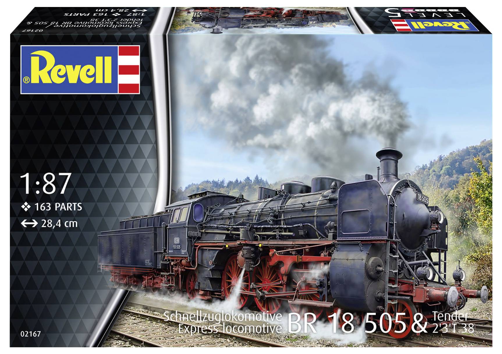 Die Verpackung zeigt eine Modelleisenbahn mit historischem Design, Schornstein und On the Box 'Schnellzuglokomotive BR 18 505 & Tender'.