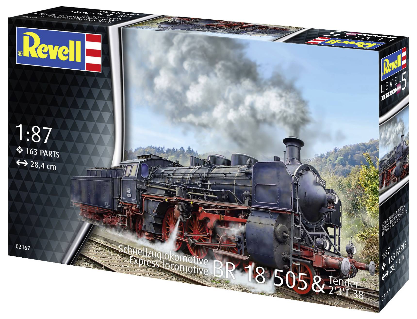 Modellbausatz einer Schnellzuglokomotive BR 18 505 & Tender von Revell, Maßstab 1:87, enthält 163 Teile, Länge 28,4 cm.