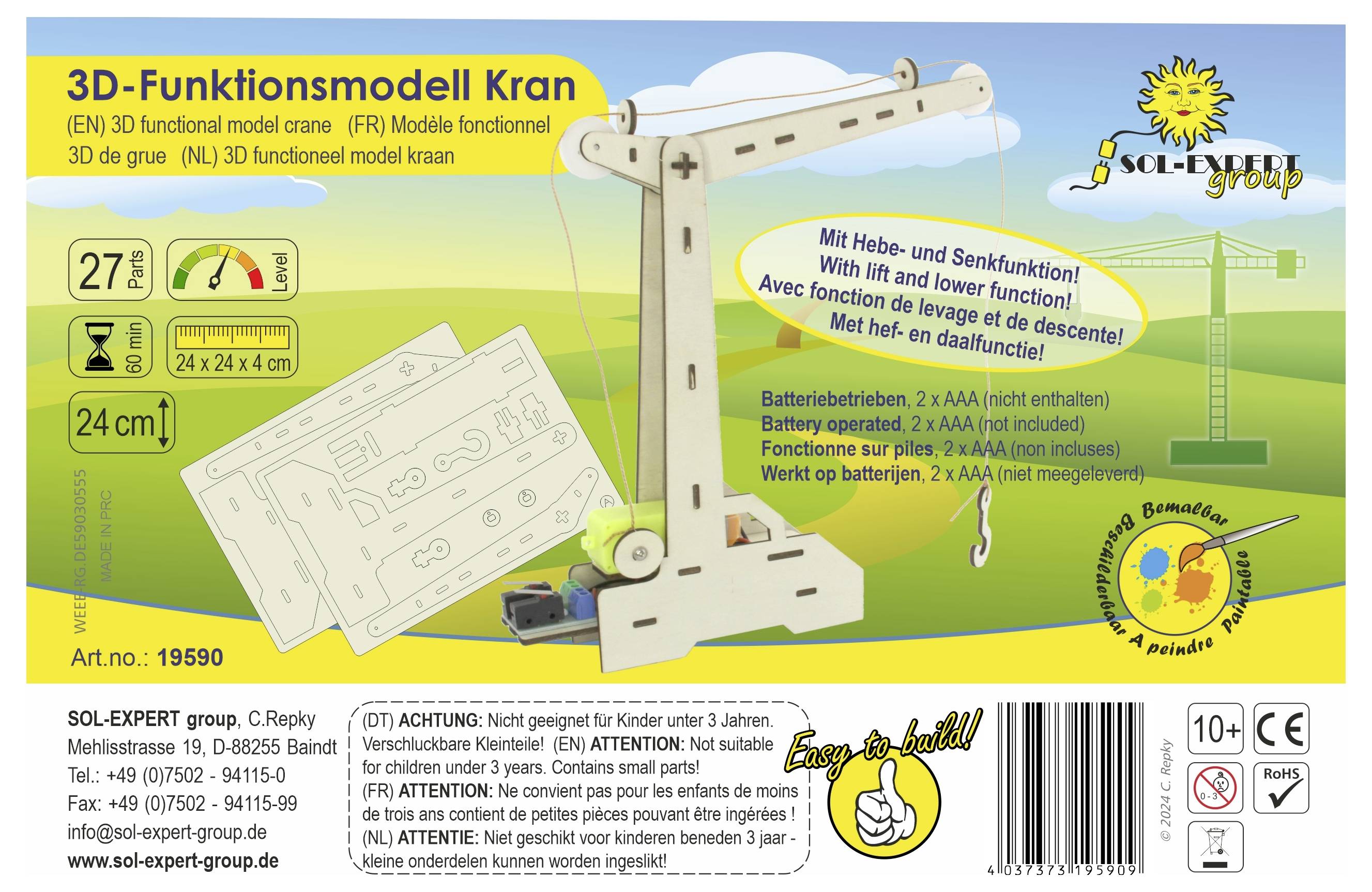 '3D-Funktionsmodell Kran' Verpackung: Bausatz mit Hebe- und Senkfunktion. Inkl. Batterie. Maße: 27 x 24 x 24 cm. Geeignet ab 8 Jahren.