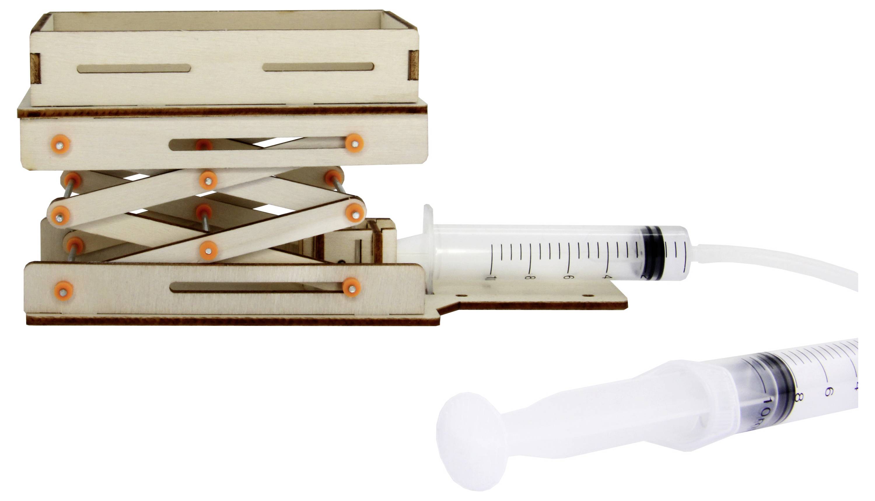 Holz-Hubtischmodell mit Spritzenmechanismus zeigt Hebelwirkung und Hydraulikprinzip. Ideal für Bildungszwecke und Technikdemonstration.