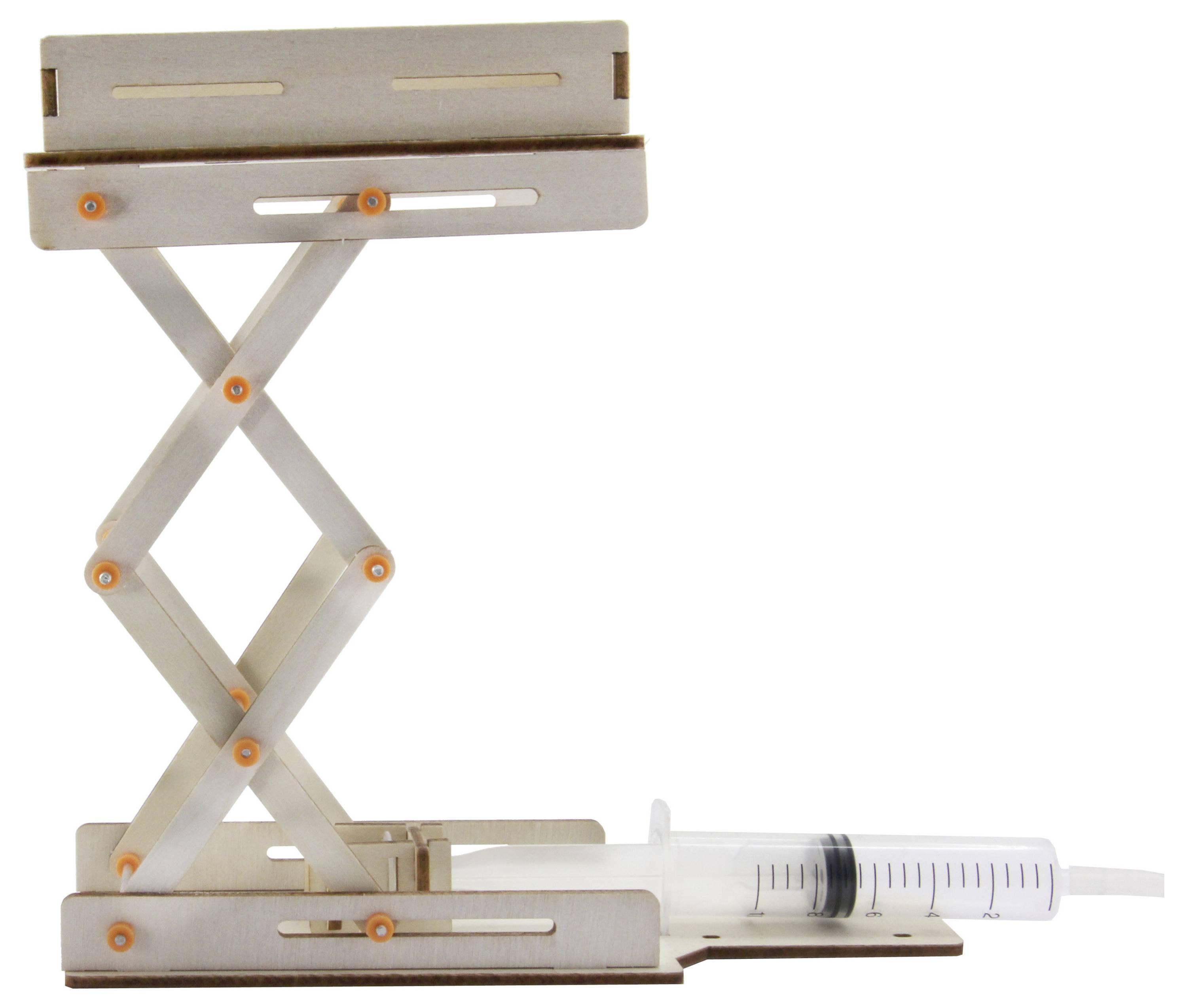 Ein Modell eines Hebeplattformmechanismus mit einer Spritze als hydraulischem Antrieb.