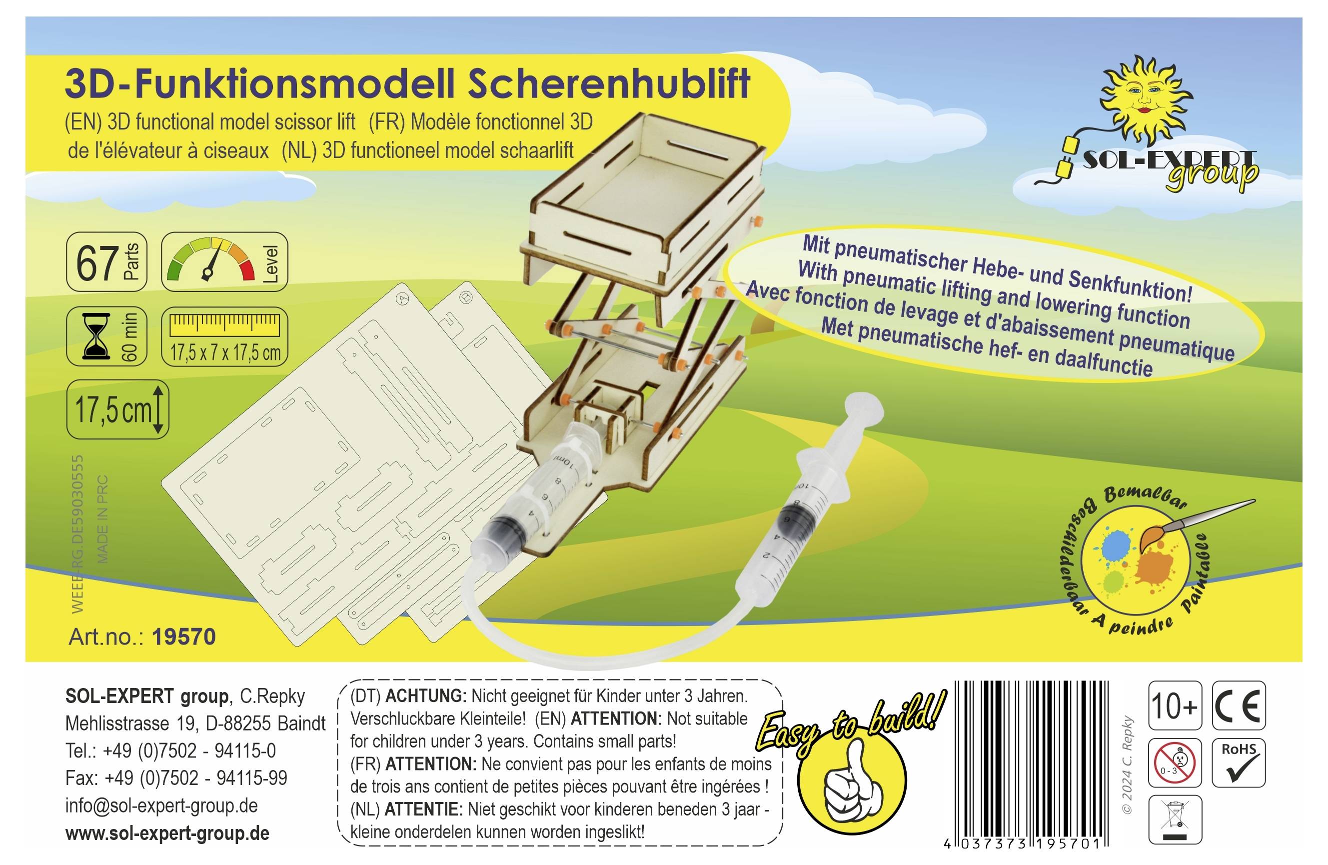Etikett einer 3D-Funktionsmodell Scherenhublift-Bausatz mit pneumatischer Spritze. Enthält Details zum Hersteller und Anweisungen.