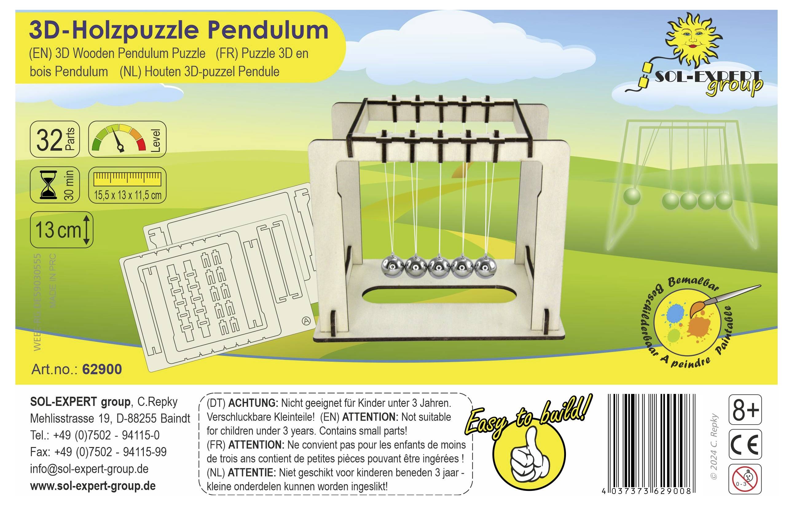 '3D-Holzpuzzle Pendulum' Verpackung mit Abbildung eines 3D-Pendels, empfohlen ab 3 Jahren. Warnhinweise und Herstellerinformationen enthalten.