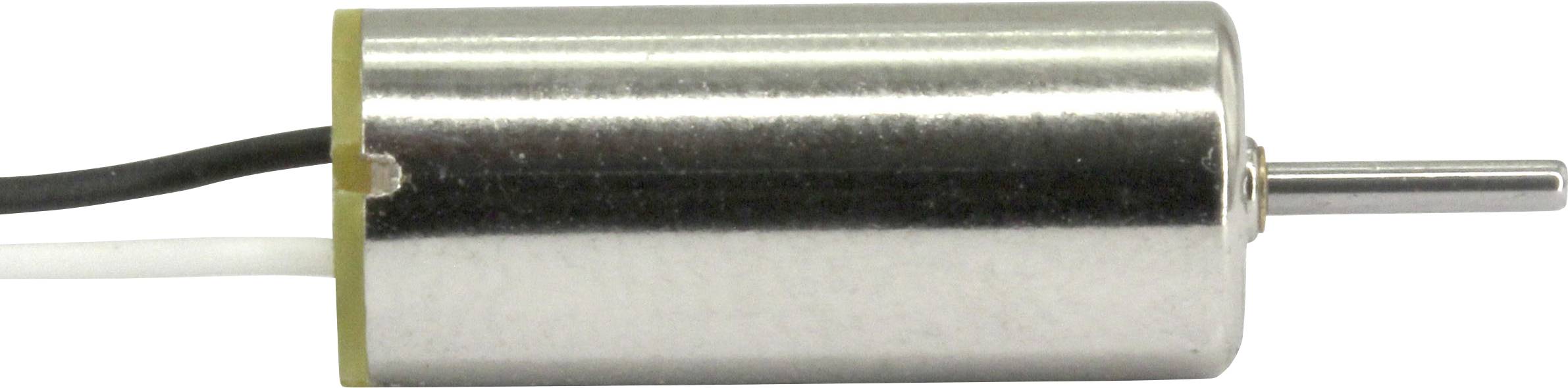 Ein kleiner Metallzylinder, der einen Mikromotor darstellt, mit zwei Drähten an der linken Seite und einer Achse an der rechten Seite.