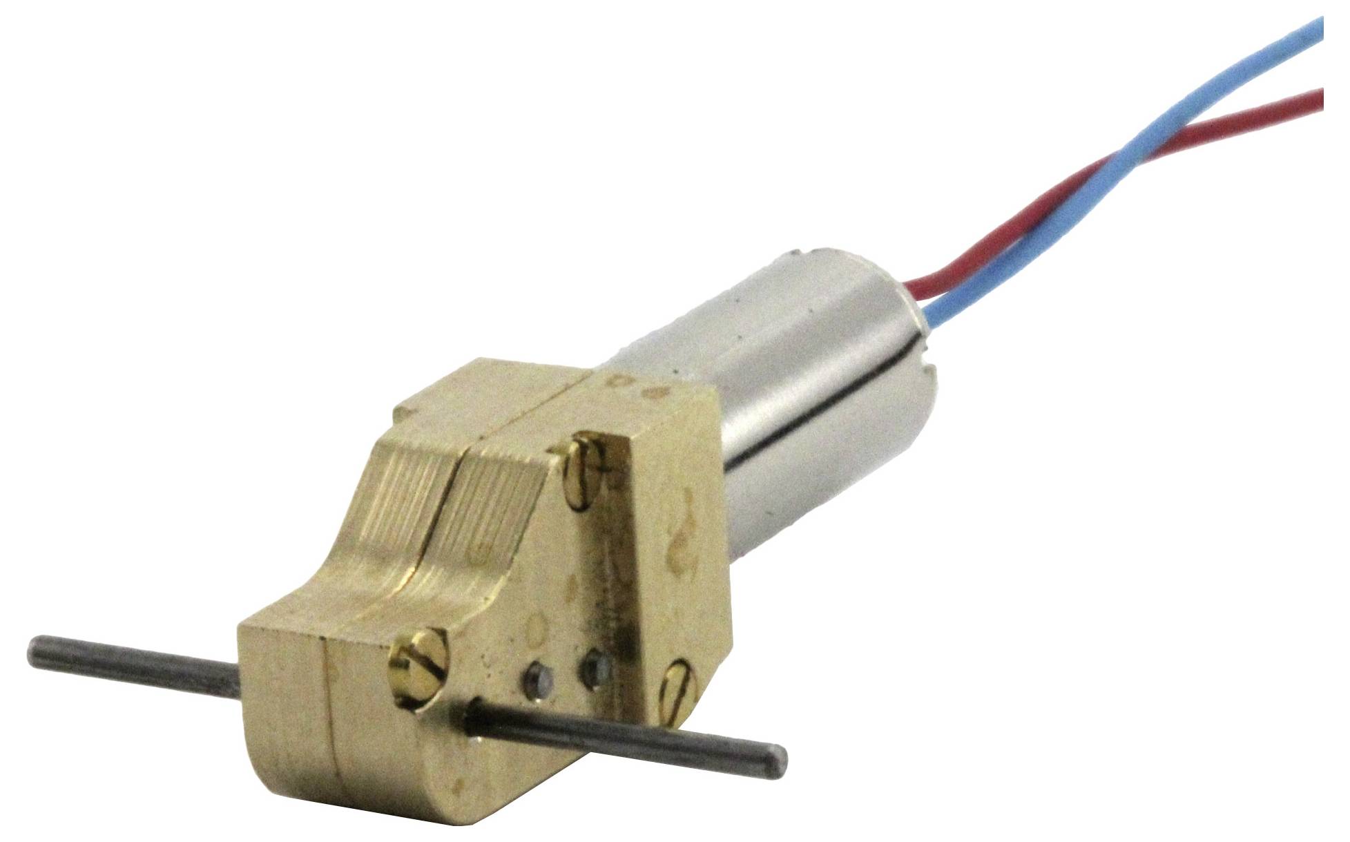 Ein kleiner Elektromotor mit einem goldfarbenen Getriebe und blauen und roten Kabeln zur Stromversorgung.