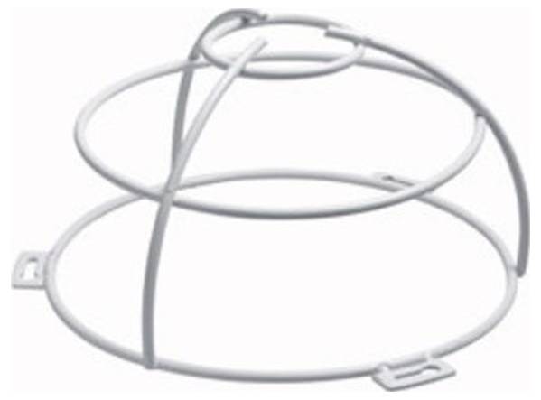 Ein weißer Drahtkorb mit drei Ringen, der als Stütze oder Halterung dient. Ideal zum Stapeln von Gegenständen oder zum Schutz.