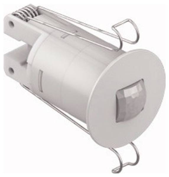 Ein weißer Deckenbewegungsmelder mit Federclip zur Montage in der Decke. Geeignet für die automatische Beleuchtungssteuerung.