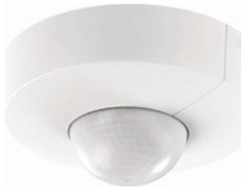 Weißer Deckenbewegungsmelder in Nahaufnahme, rund und leicht gewölbt, zur Erfassung von Bewegungen in einem Raum.