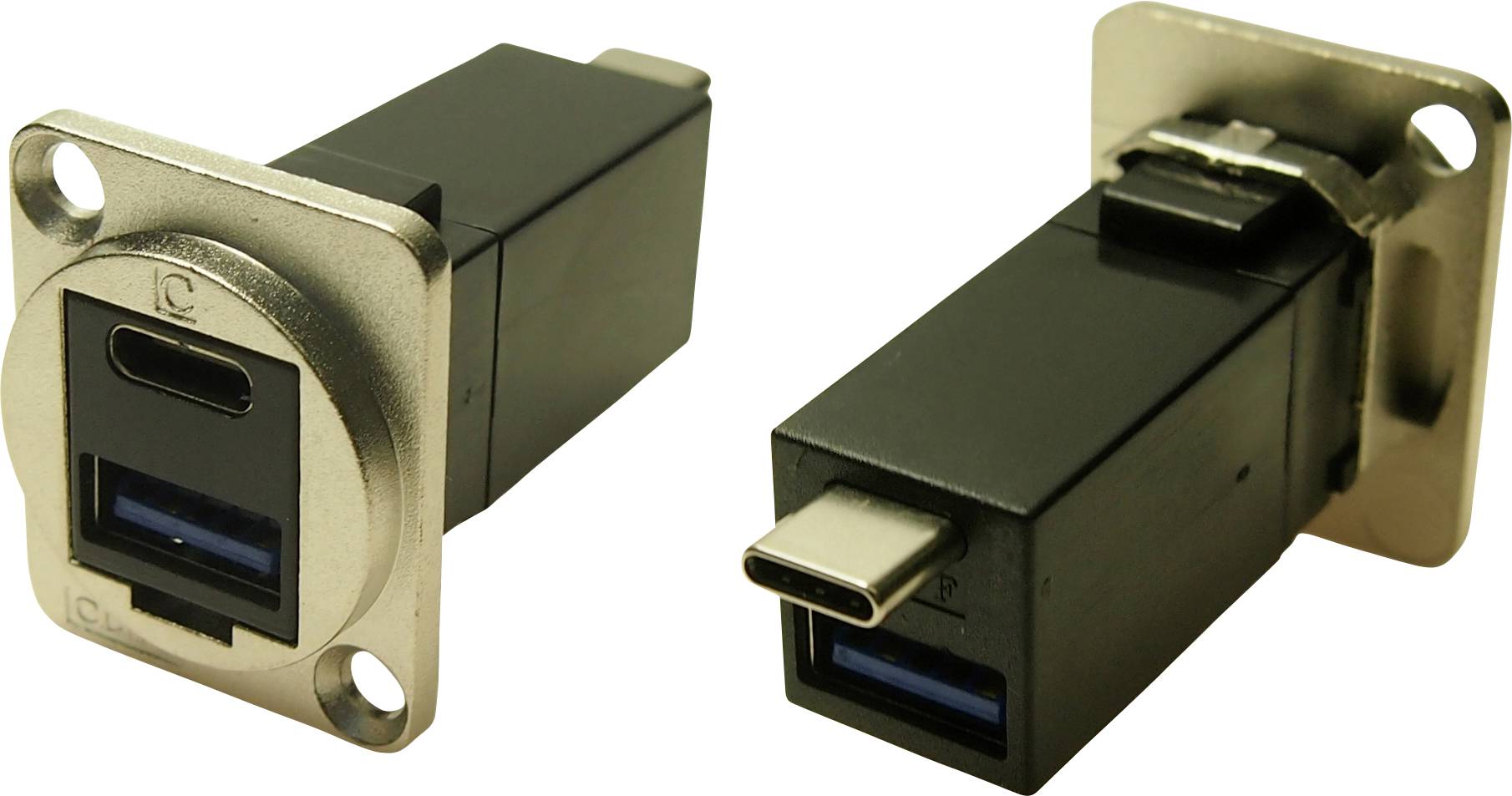 Zwei USB-Adapter: einer zeigt einen USB-C-Anschluss, der andere einen USB-A-Anschluss. Beide sind aus Metall und Kunststoff gefertigt.