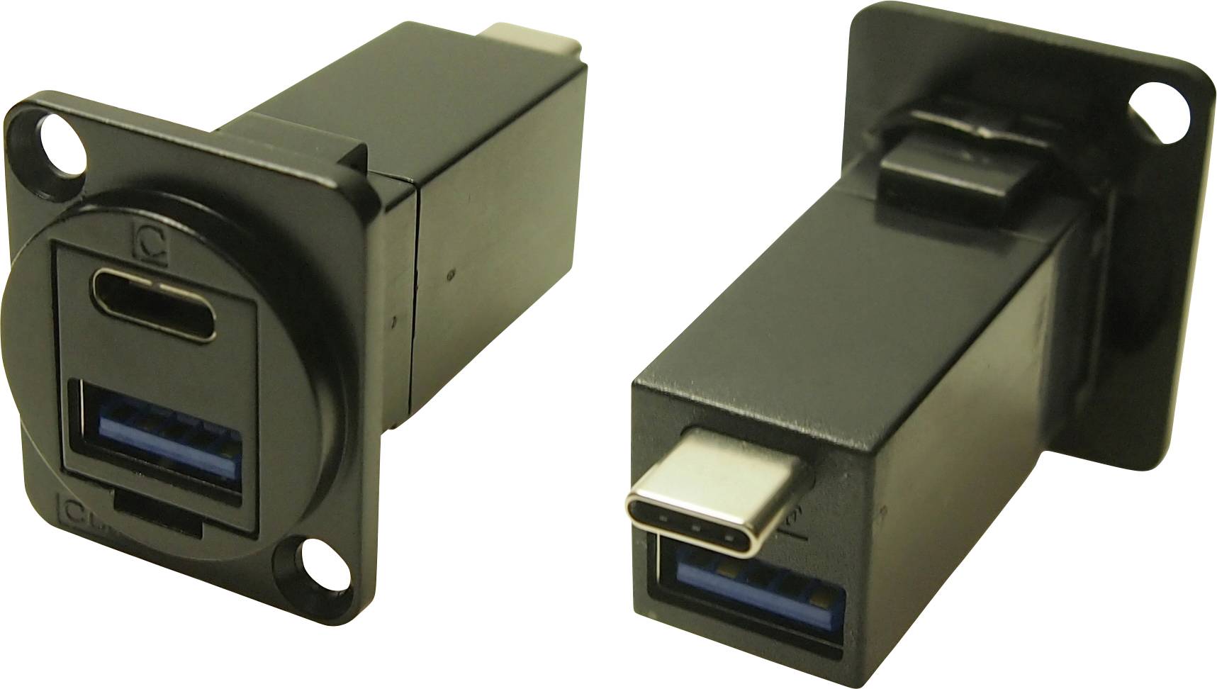 Zwei schwarze USB-Anschlüsse mit einem USB-C- und einem USB-A-Anschluss. Einer ist in abgeschrägter Ansicht sichtbar, der andere frontal.