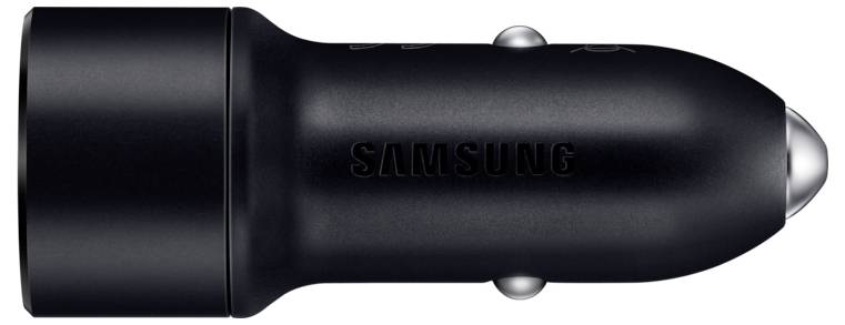 Schwarzer Samsung Kfz-Ladegerät mit elegantem Design, ausgestattet mit einem markanten USB-Anschluss zum Aufladen von Geräten unterwegs.