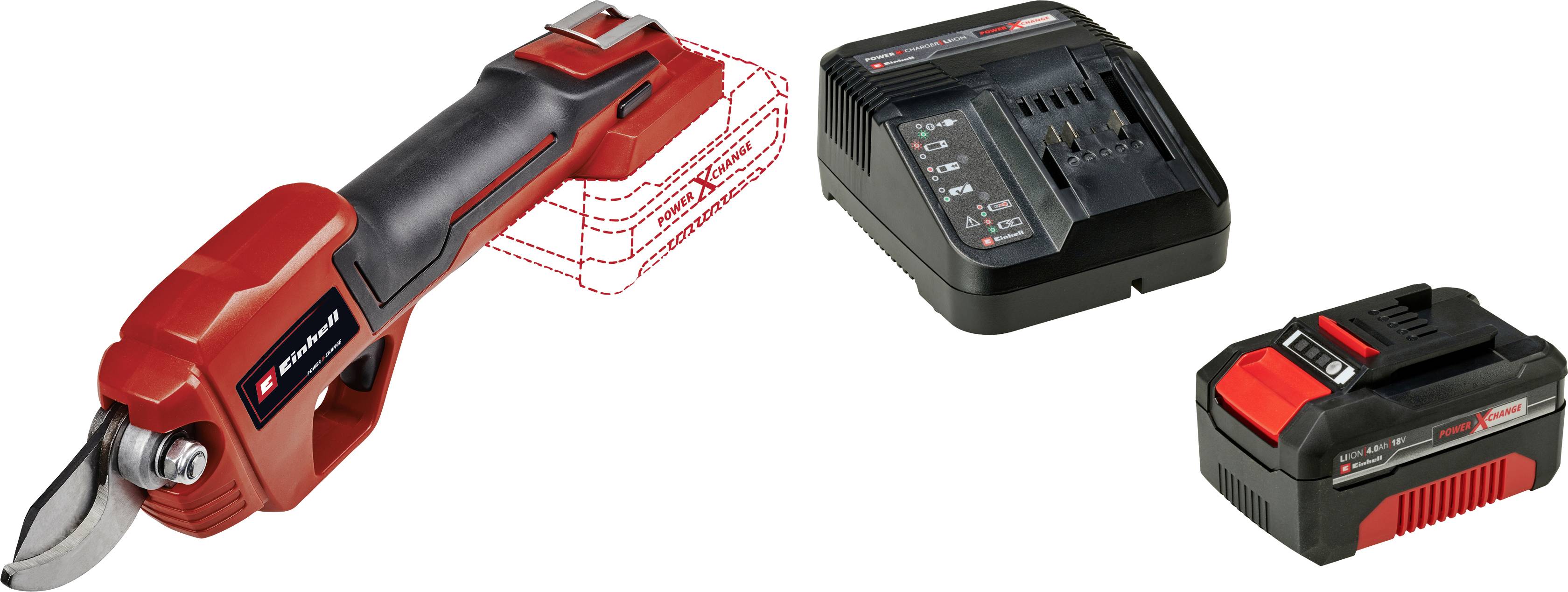 Elektrische Gartenschere mit Ladegerät und Akku. Hauptwerkzeug in Rot und Schwarz, Ladegerät daneben. Set zum Schneiden von Pflanzen.