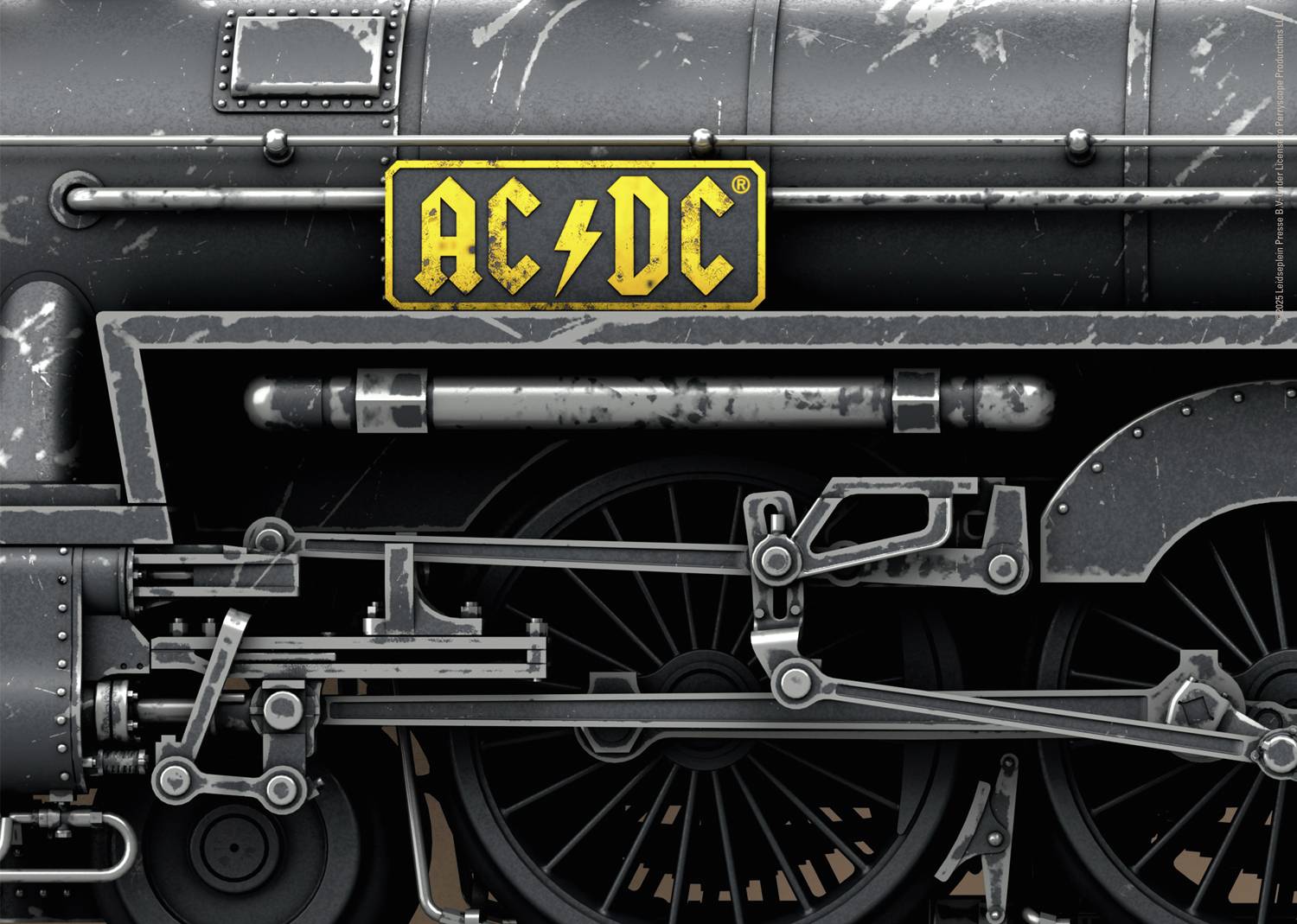Ein Detail einer Lokomotive mit einem gelben Logo mit der Aufschrift 'AC/DC' in schwarzen Buchstaben auf der Seite.