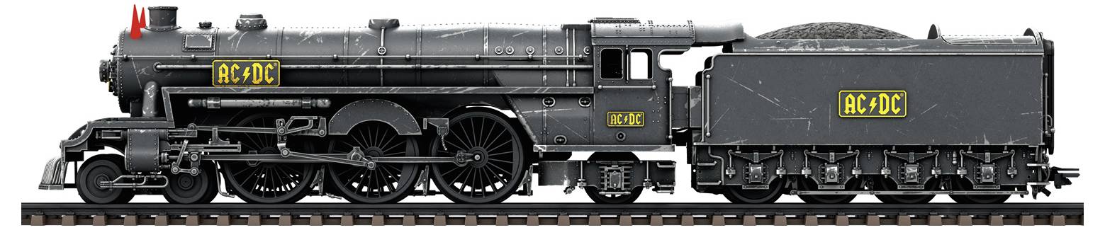 Eine historische Dampflokomotive auf Schienen mit Aufschrift 'AC/DC' in gelben Buchstaben an der Seite. Die Lokomotive ist grau und detailliert gestaltet.