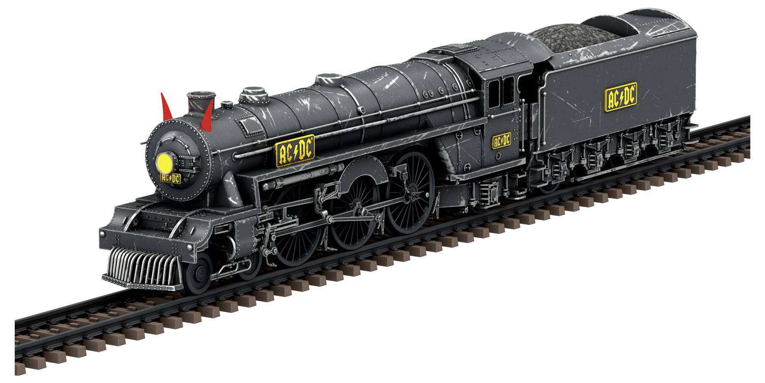 Ein schwarzes Modell eines Dampflokzugs steht auf Schienen. Der Zug ist mit den Buchstaben 'RC-D1C' gekennzeichnet.