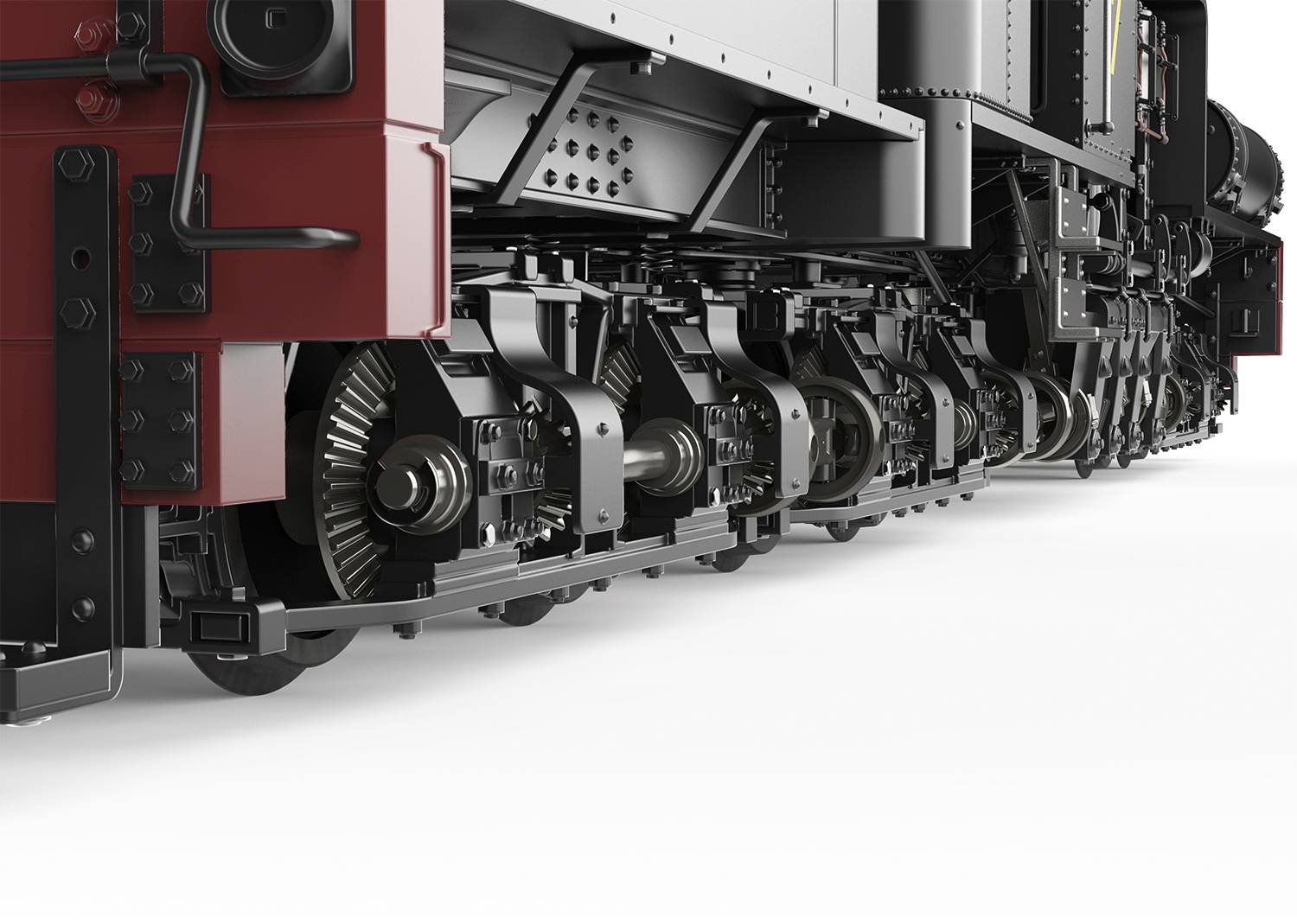 Schwarz-rote Lokomotive, Nahaufnahme der Räder und Antriebstechnik, zeigt die Komplexität und Mechanik der Eisenbahn.