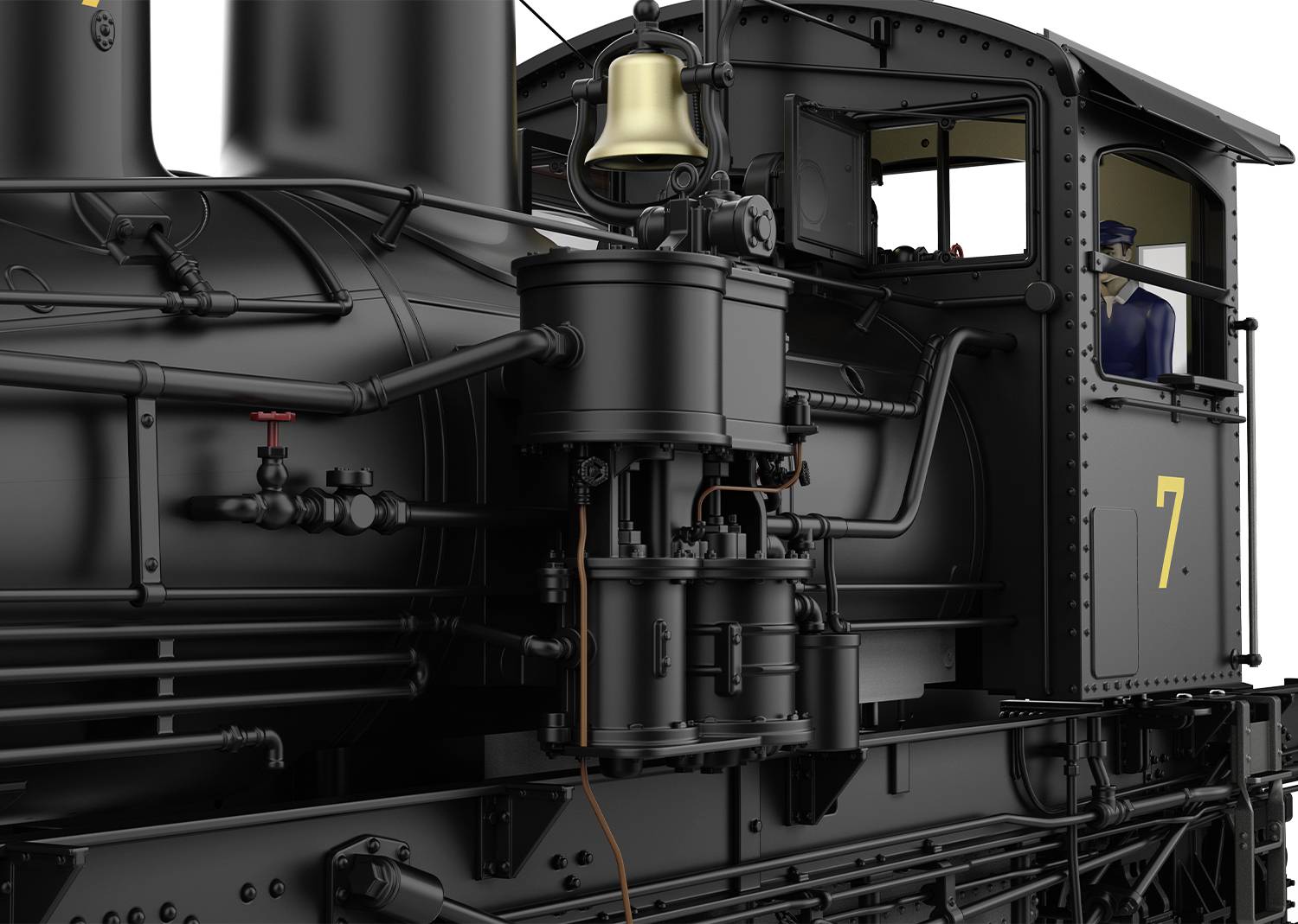 Eine detaillierte Darstellung einer historischen Dampflokomotive der Baureihe 'Shay' mit sichtbaren Maschinenbauteilen und einem Lokführer in Uniform.