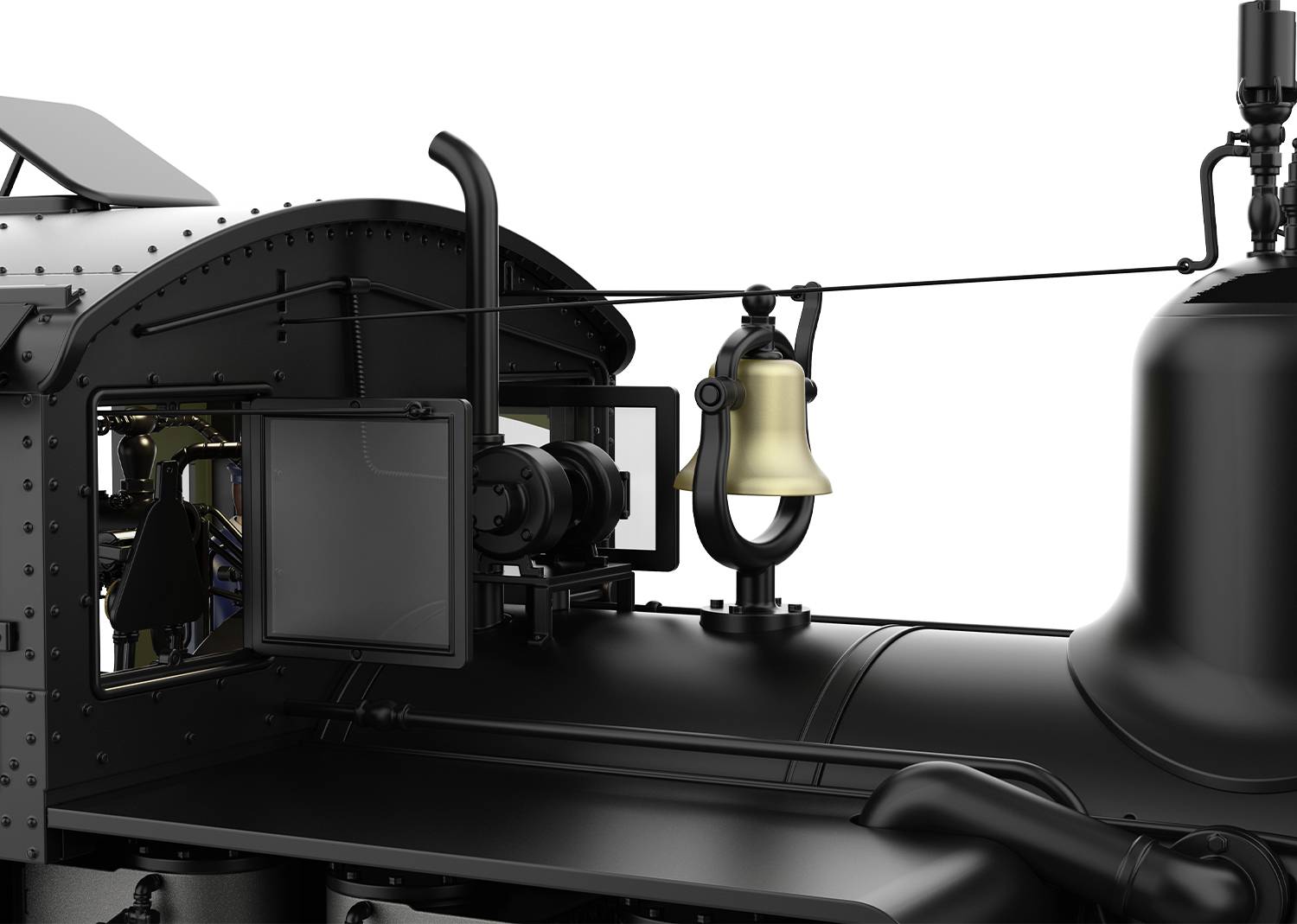 Nahaufnahme einer historischen Dampflokomotive. Sichtbar sind eine goldene Glocke und Detailansichten von Rohren und Ventilen auf einer mattschwarzen Oberfläche.