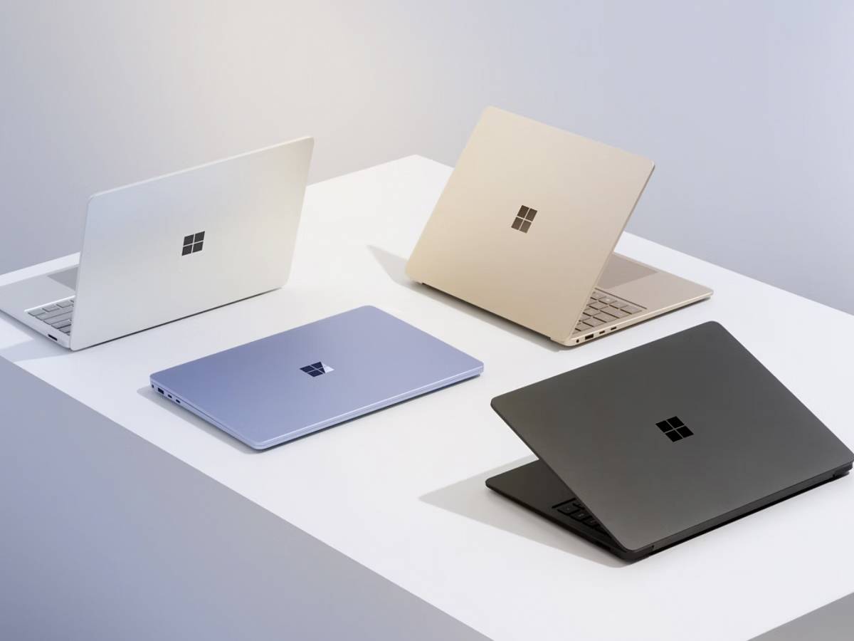 Vier Laptops in verschiedenen Farben (Weiß, Blau, Gold, Schwarz) werden auf einer weißen Oberfläche präsentiert und zeigen eine Vielfalt an Designs.