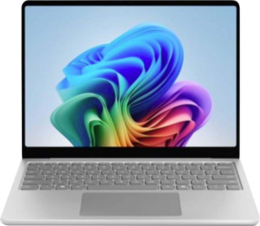 Ein Laptop mit einem leuchtenden Wirbel abstrakter Formen in verschiedenen Farben auf dem Bildschirm, ausgestattet mit einer silbernen Tastatur und einem Trackpad.