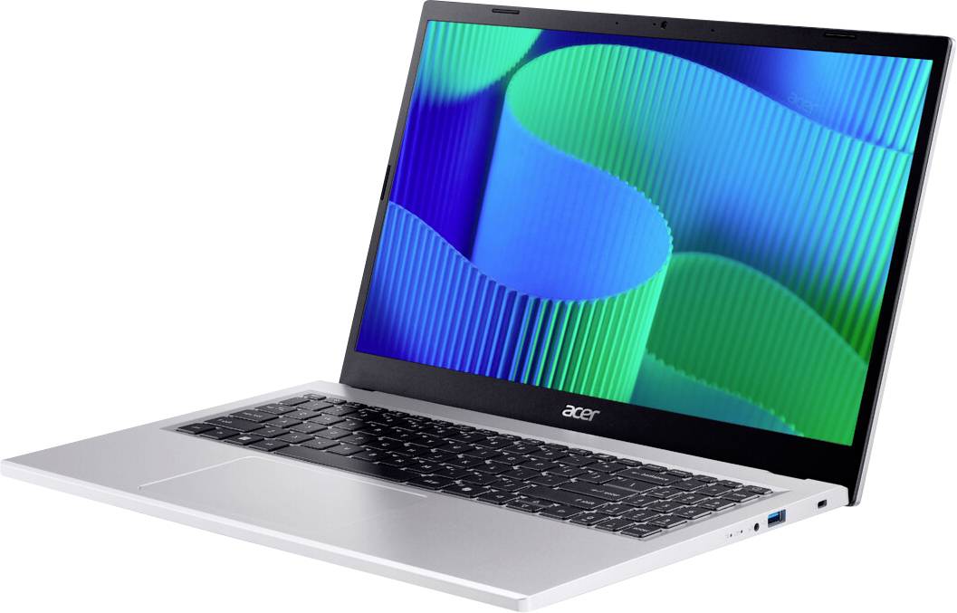 Ein silberner Laptop mit einer schwarzen Tastatur und einem leuchtenden Bildschirm, der abstrakte grüne und blaue Muster auf einem Verlaufshintergrund in Blau zeigt.