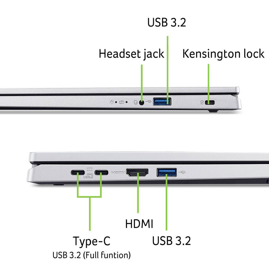 Seitenansicht eines Laptops mit Anschlüssen: USB 3.2, Kopfhörerbuchse, Kensington-Schloss auf der einen Seite; USB 3.2, HDMI und Type-C auf der anderen Seite.