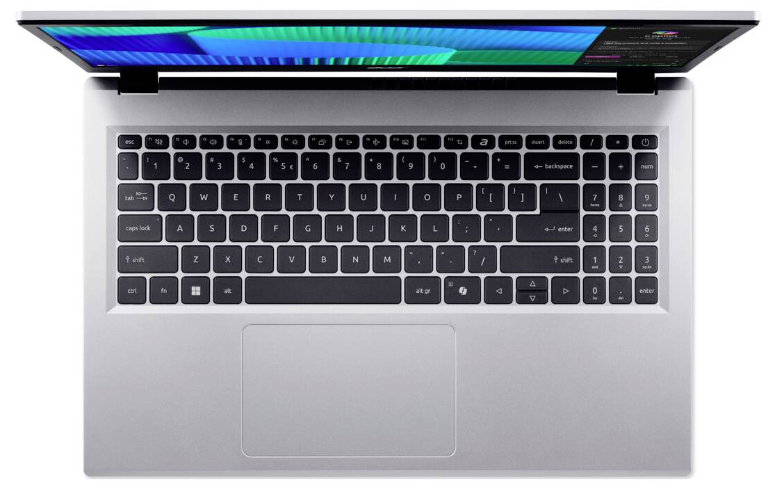 Ein silberner Laptop von oben betrachtet, mit sichtbarer Tastatur und teilweise geöffnetem Bildschirm, der farbenfrohe Grafiken zeigt.