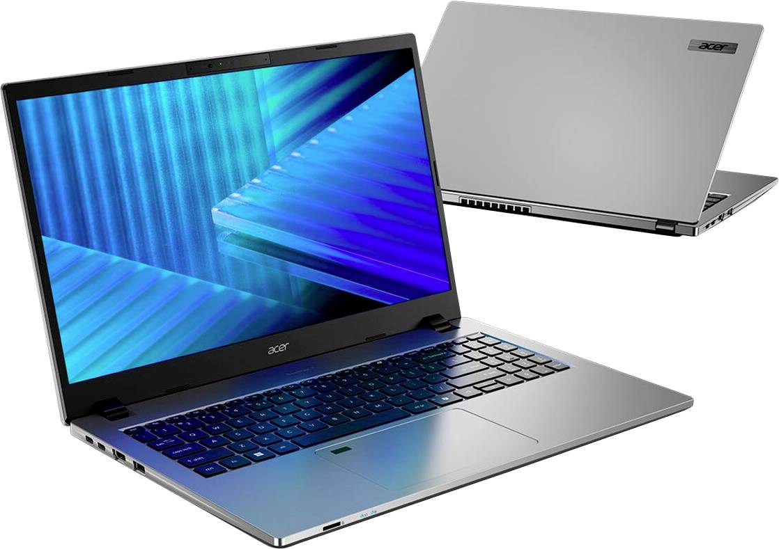 Schlanker silberner Acer-Laptop, geöffnet mit einem blauen geometrischen Muster auf dem Bildschirm, der das moderne Design hervorhebt; eine weitere Ansicht zeigt die Rückseite.