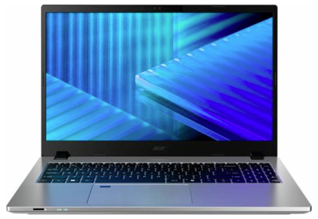 Ein silberner Laptop, auf dessen Bildschirm ein blaues abstraktes Design zu sehen ist, höchstwahrscheinlich ein Hintergrund oder Bildschirmschoner.