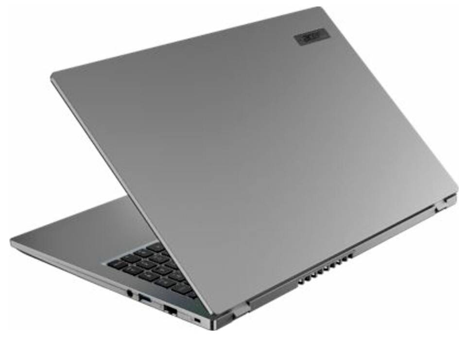 Ein schlanker, silberner Laptop, der teilweise geöffnet ist und die Kante der Tastatur sowie die Anschlüsse an der Seite zeigt. Das Markenlogo befindet sich in der oberen Ecke des Deckels.