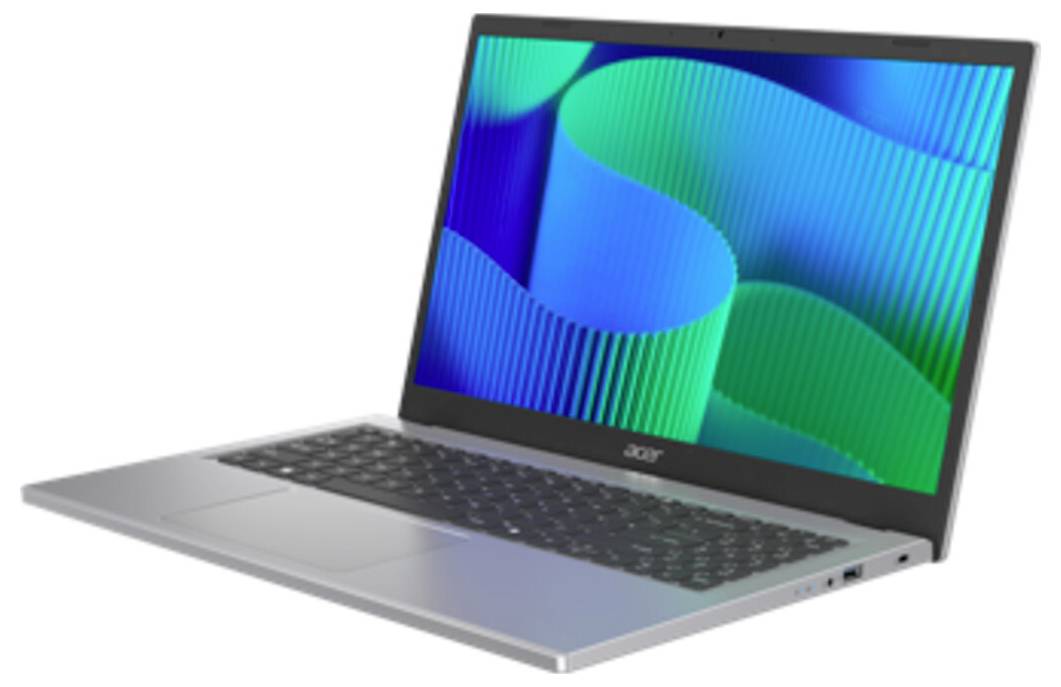 Ein silberner Laptop mit einem bunten abstrakten Wellenmuster auf dem Bildschirm, das eine Mischung aus grünen und blauen Tönen zeigt.