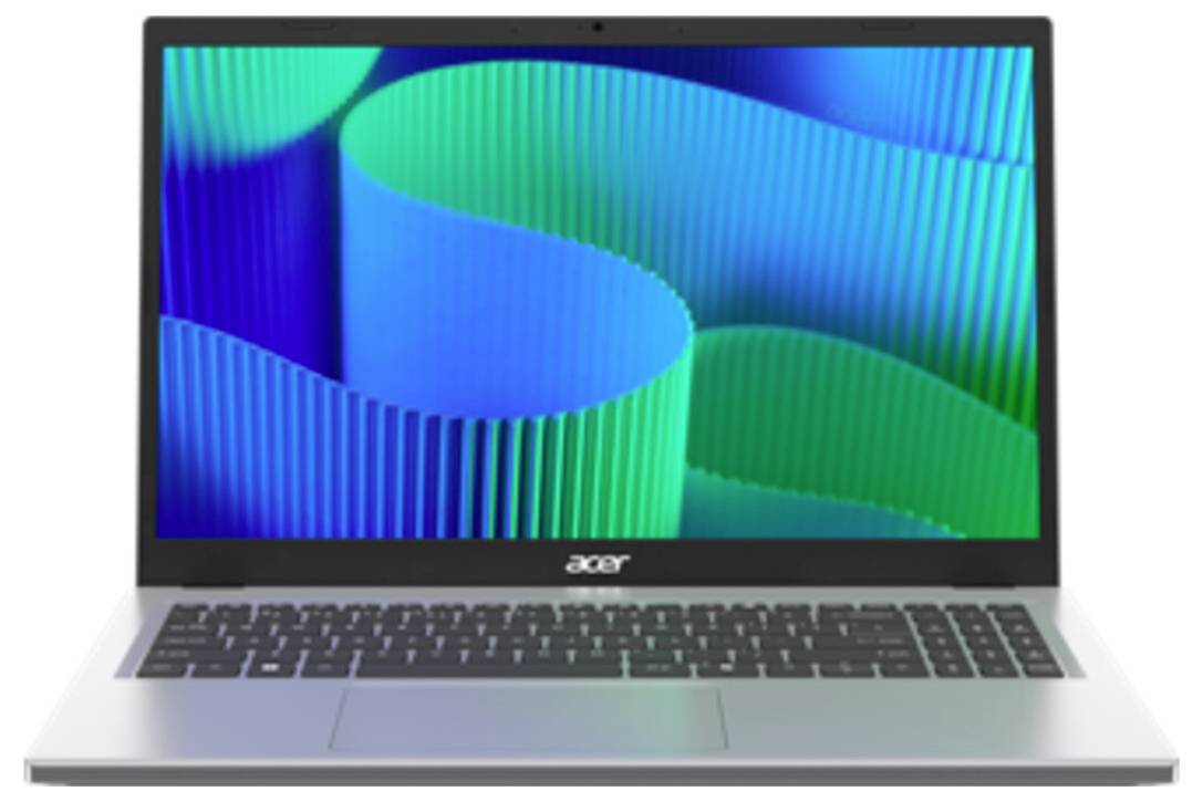 Ein silberner Acer-Laptop mit einem bunten, abstrakten Wellenmuster auf dem Bildschirm. Das Design zeigt grün-blaue Verlaufstöne.