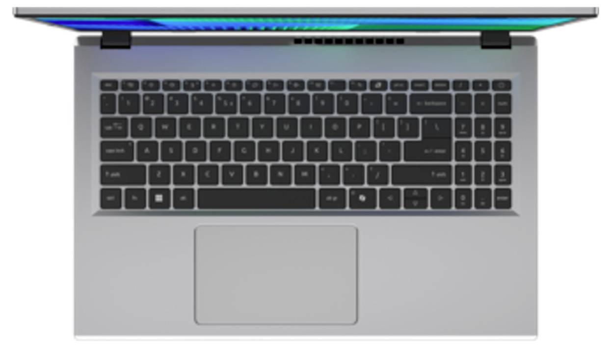 Ein schlanker, offener Laptop aus der Draufsicht, mit einer vollständigen QWERTZ-Tastatur und einem Touchpad. Der Bildschirm zeigt einen grün-blauen Farbverlauf.