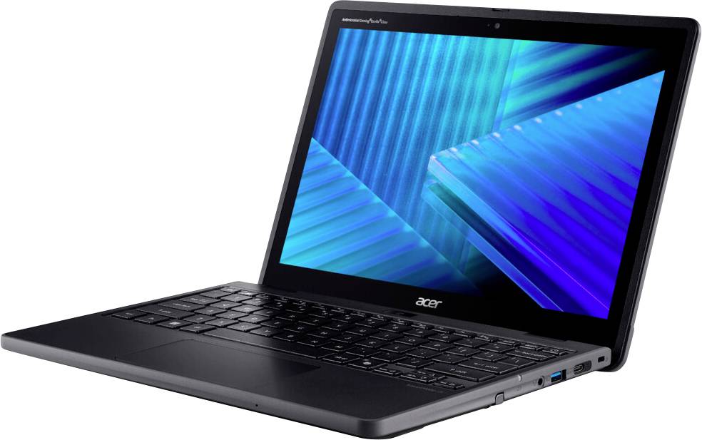 Acer-Laptop mit schwarzer Tastatur, auf dessen Bildschirm ein blaues geometrisches Muster zu sehen ist.