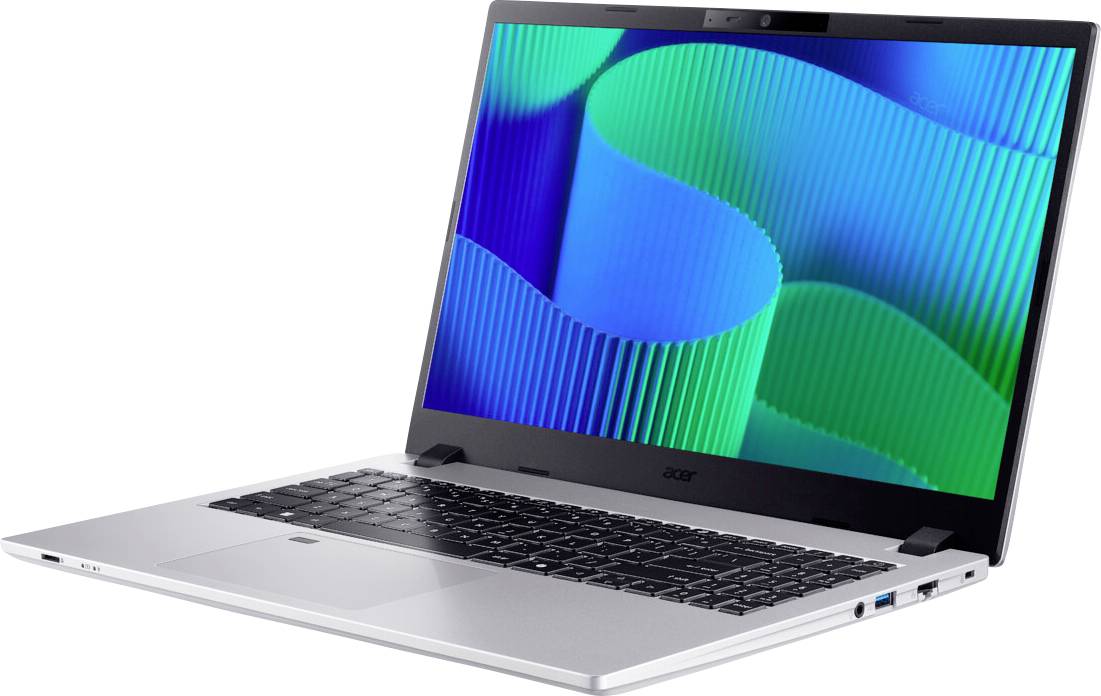 Ein silberner Laptop mit einem bunten abstrakten Muster auf dem Bildschirm, das blaue und grüne wellenförmige Linien zeigt. Der Laptop verfügt über eine schwarze Tastatur.