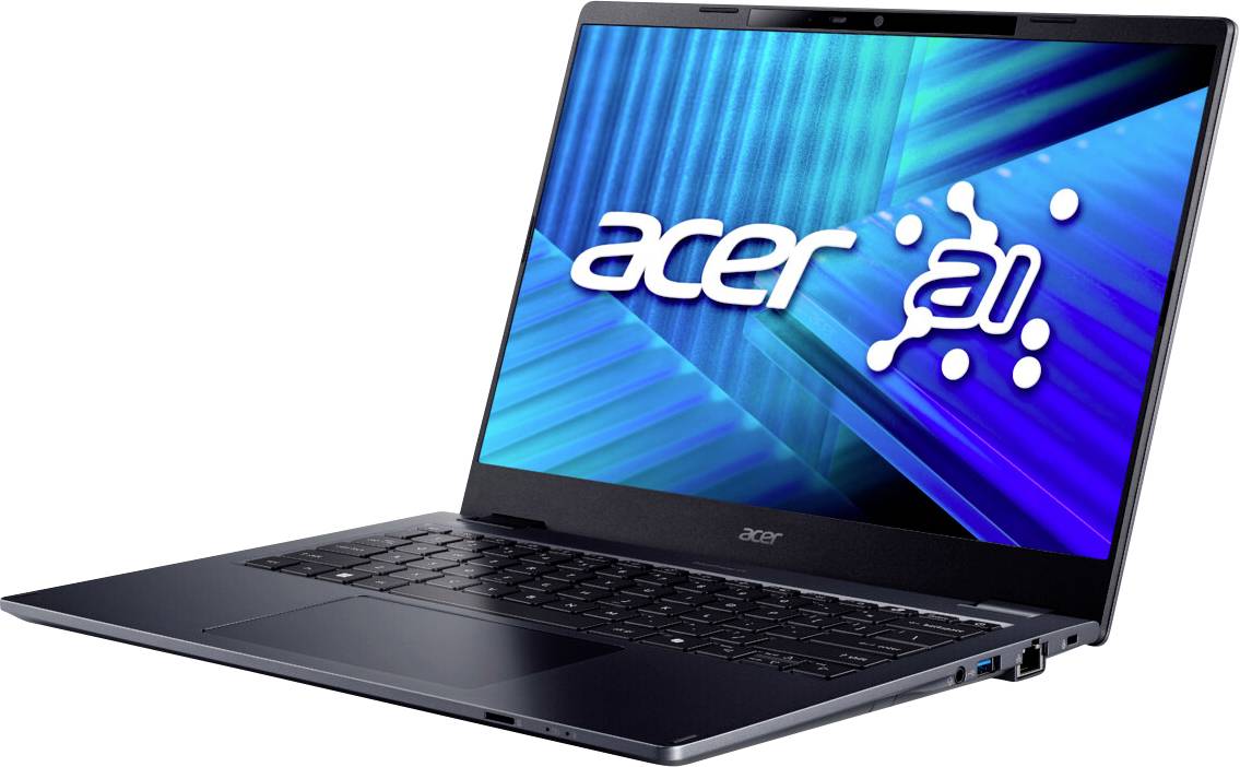 Ein schlankes Acer-Laptop mit einem strahlend blauen Bildschirm, auf dem die Logos von 'Acer' und 'AI' zu sehen sind und damit den Fokus auf künstliche Intelligenz symbolisieren.