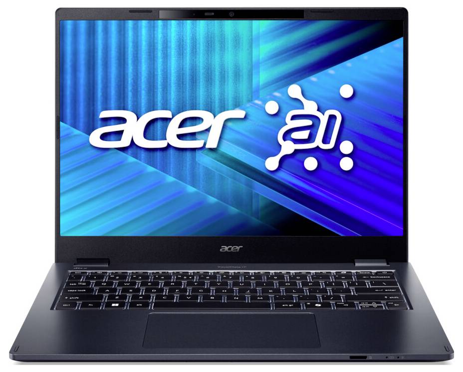 Ein schlankes Acer-Laptop mit einem blau digital gestalteten Bildschirm, auf dem der Text 'acer' und ein 'ai' Design-Logo zu sehen sind, was Künstliche Intelligenz-Technologie symbolisiert.